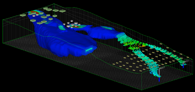 Visualization of the output from a Groundwater Vistas MODFLOW and MT3D99 simulation of a large industrial complex in the central valley area of California performed by C Tech under subcontract on a joint IT Group / Lawrence Livermore National Laboratory project. This site, with highly channelized flow, clearly shows the path by which the groundwater contamination will eventually reach the municipal water wells.