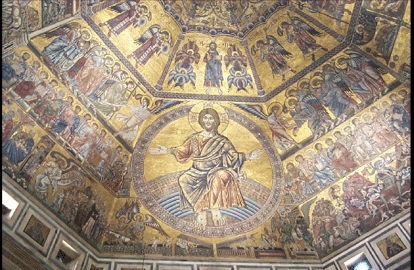The portion of the Baptistery that was investigated is the protruding gabled roof. It is clearly visible in the lower left corner of the picture below and to the left. The gold leaf and mosaic tile ceiling that we are striving to protect is shown to the left. The octagonal Baptistery is also shown in the lower center of the picture below and to the right. Il Duomo, Florence's landmark church, dwarfs it.