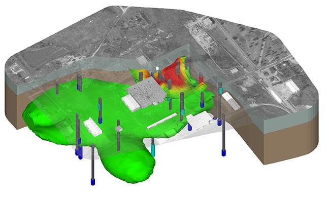 The model above shows Trichloroethylene groundwater contamination at the Vickers site in Missouri includes three-dimensional buildings and an aerial photo. The unsaturated and saturated zones are cut away to reveal TCE displayed with monitoring well screens colored by concentration and plumes at 15, 30 and 50 micrograms per liter. The data was provided courtesy of Patrick Quinn at the Missouri Department of Natural Resources Hazardous Waste Program.