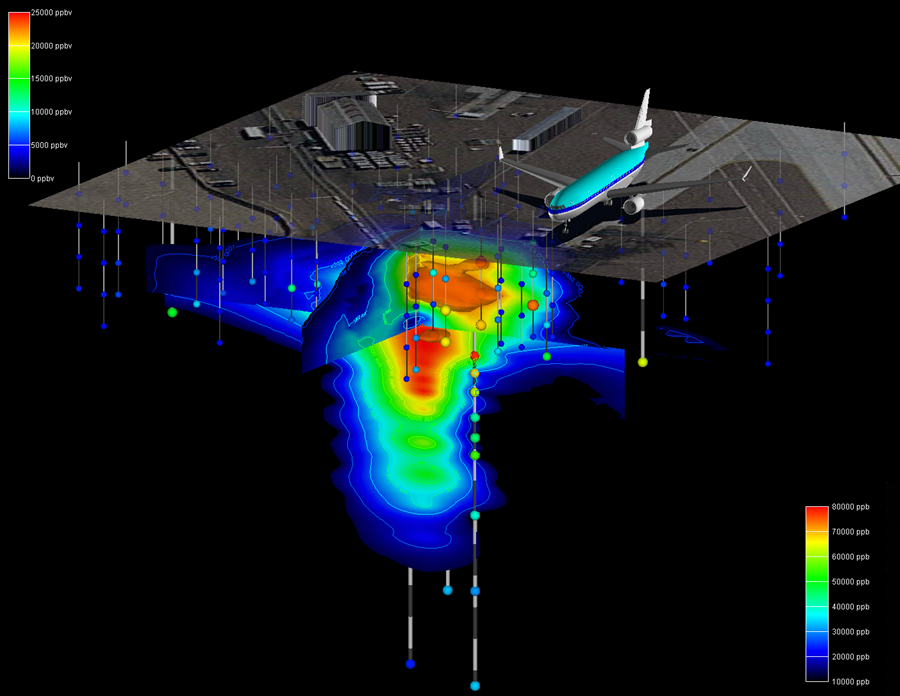 Airport site with 3D contaminant plume modeled beneath facility infrastructure