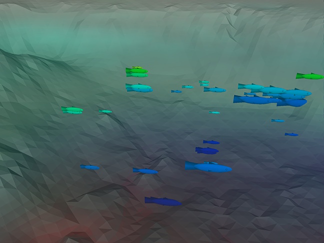Detail view of lake trout habitat preferences showing fish colored by temperature