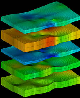 Gridded geologic model exported to Groundwater Vistas, colored by layer thickness