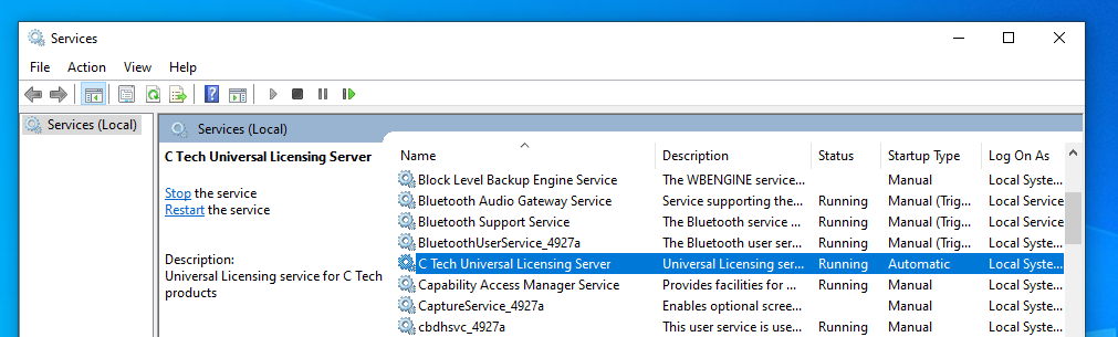 Windows Services showing C Tech Universal License Server
