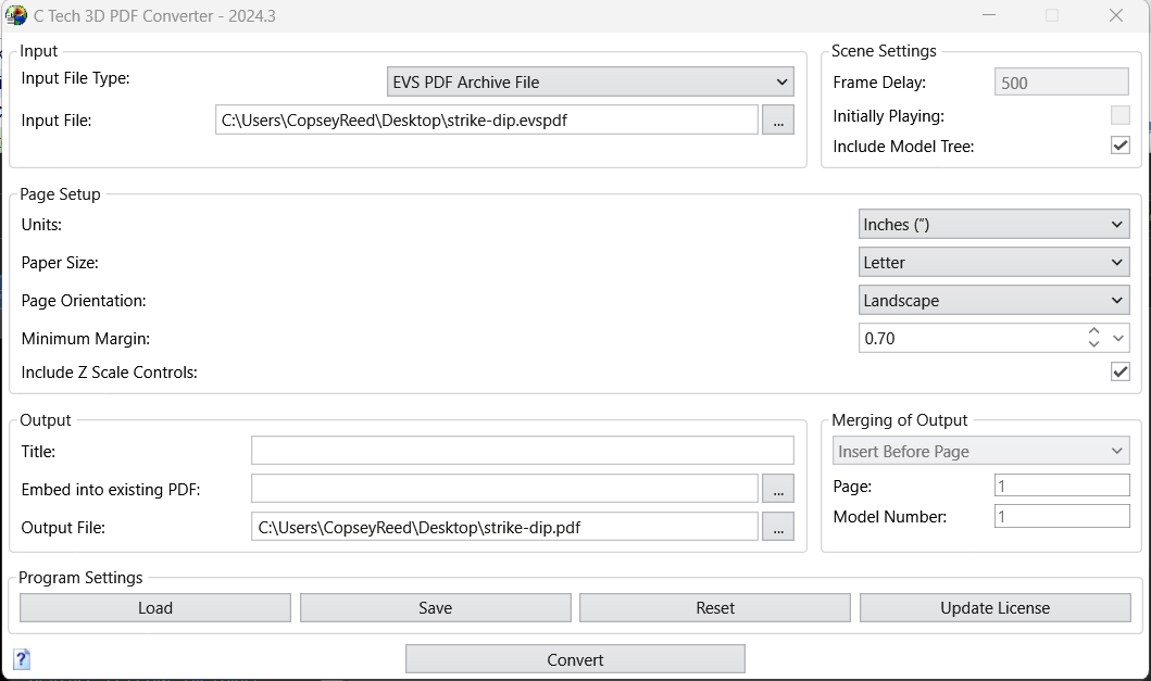 PDF Converter with EVSPDF file loaded and settings configured