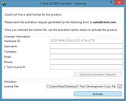 Licensing activation screen