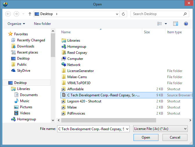 Load license file dialog
