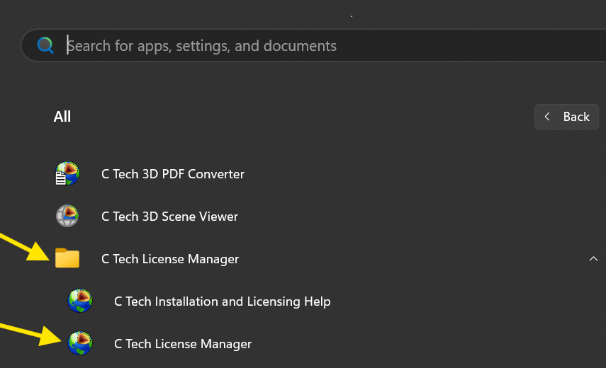 C Tech License Manager in the Windows Start menu