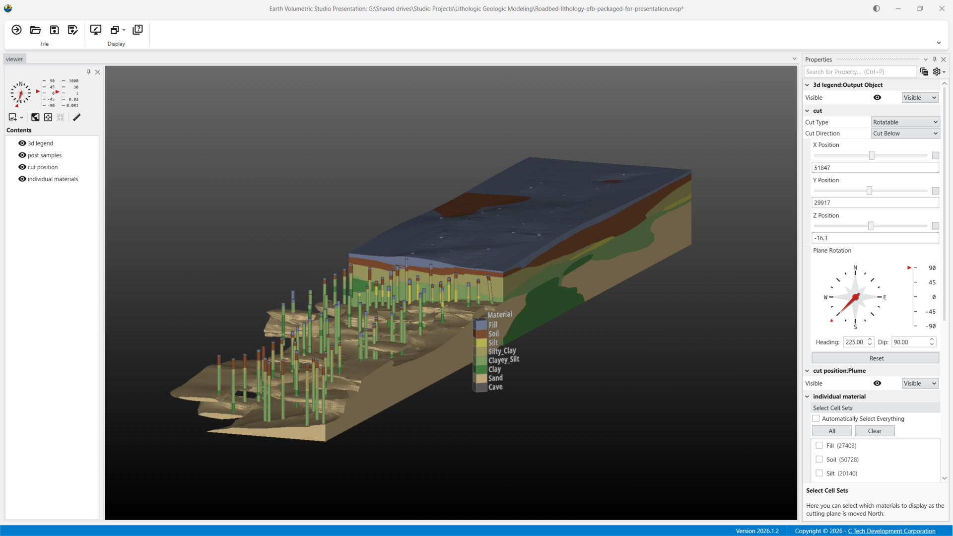 An EVS Presentation showing a 3D geologic model with interactive controls for adjusting cut position, plane rotation, and material visibility.