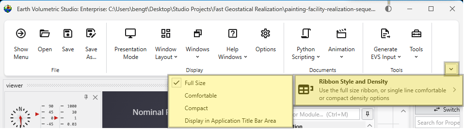 The Ribbon Style and Density menu.